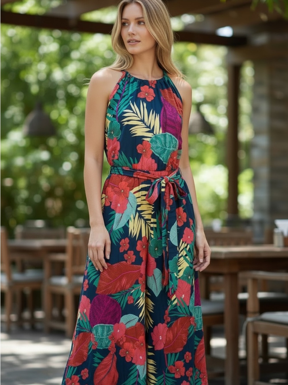 BloomChic Halter Maxi Dress with Red & Green Floral Print